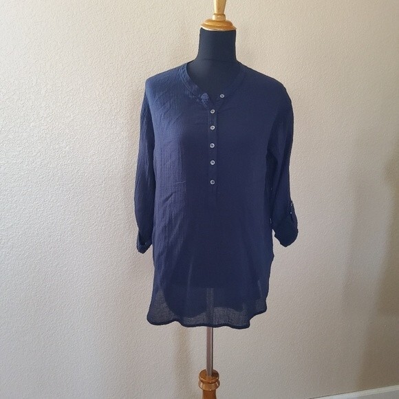 Three Dots Henley Semi Sheer Gauze Tunic Top M Navy Blue New - Picture 11 of 16